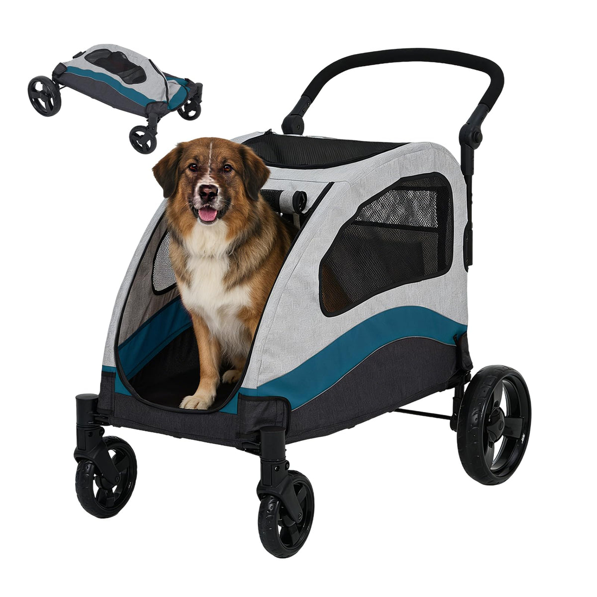 Extra Large Dog Stroller - Heavy Duty Steel Pipe Frame Pet Jogger with Shock Absorption Wheels, Safety Brakes, Adjustable & Removable Handle, Foldable Fold-and-Go Travel Carrier for Large Dogs