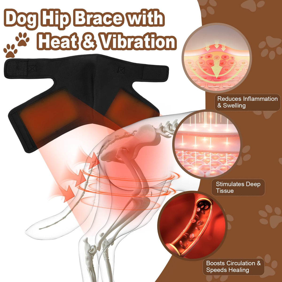 Dog Hip Brace with Heat & Vibration, Patent Pending（Female Dog, XXL)