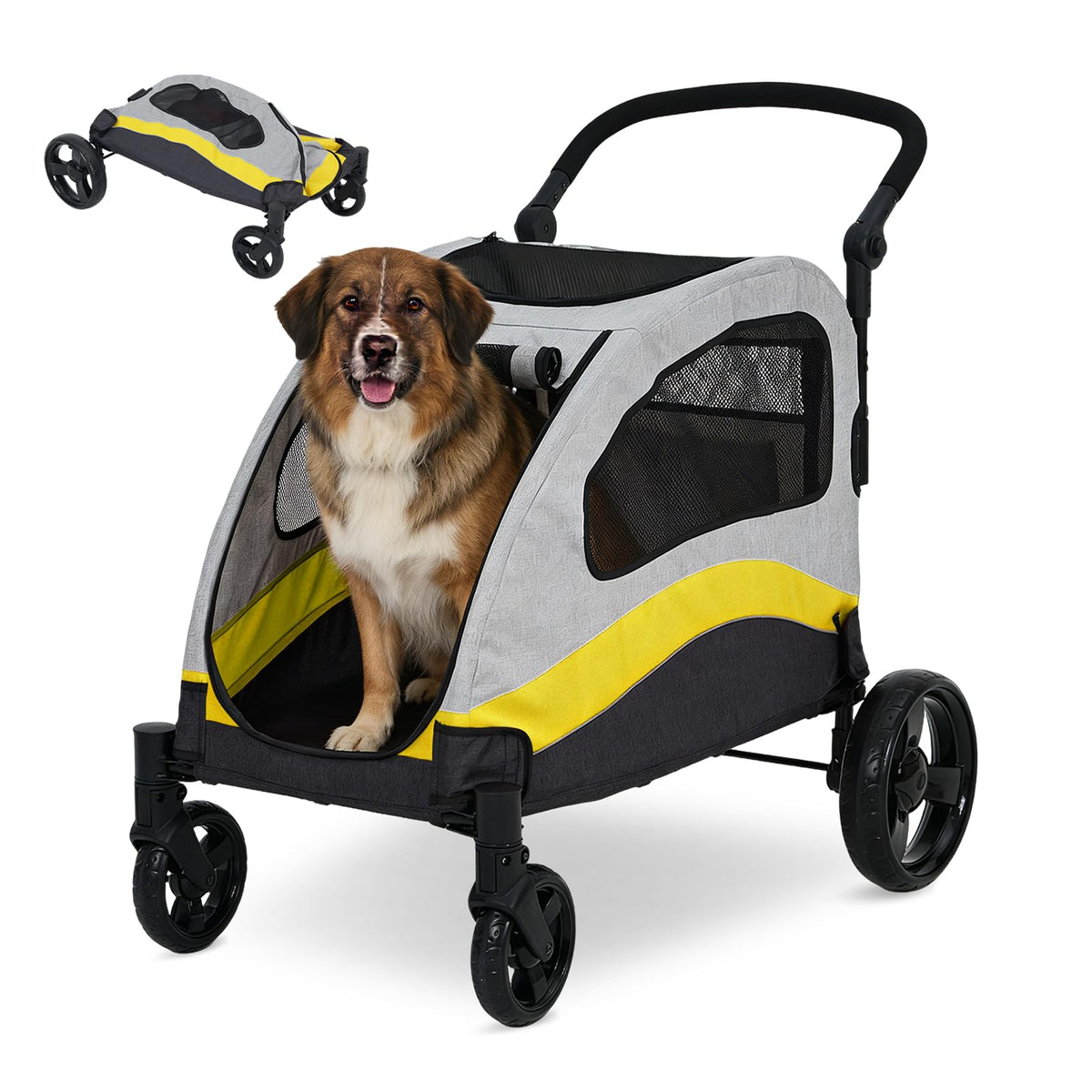 Extra Large Dog Stroller - Heavy Duty Steel Pipe Frame Pet Jogger with Shock Absorption Wheels, Safety Brakes, Adjustable & Removable Handle, Foldable Fold-and-Go Travel Carrier for Large Dogs