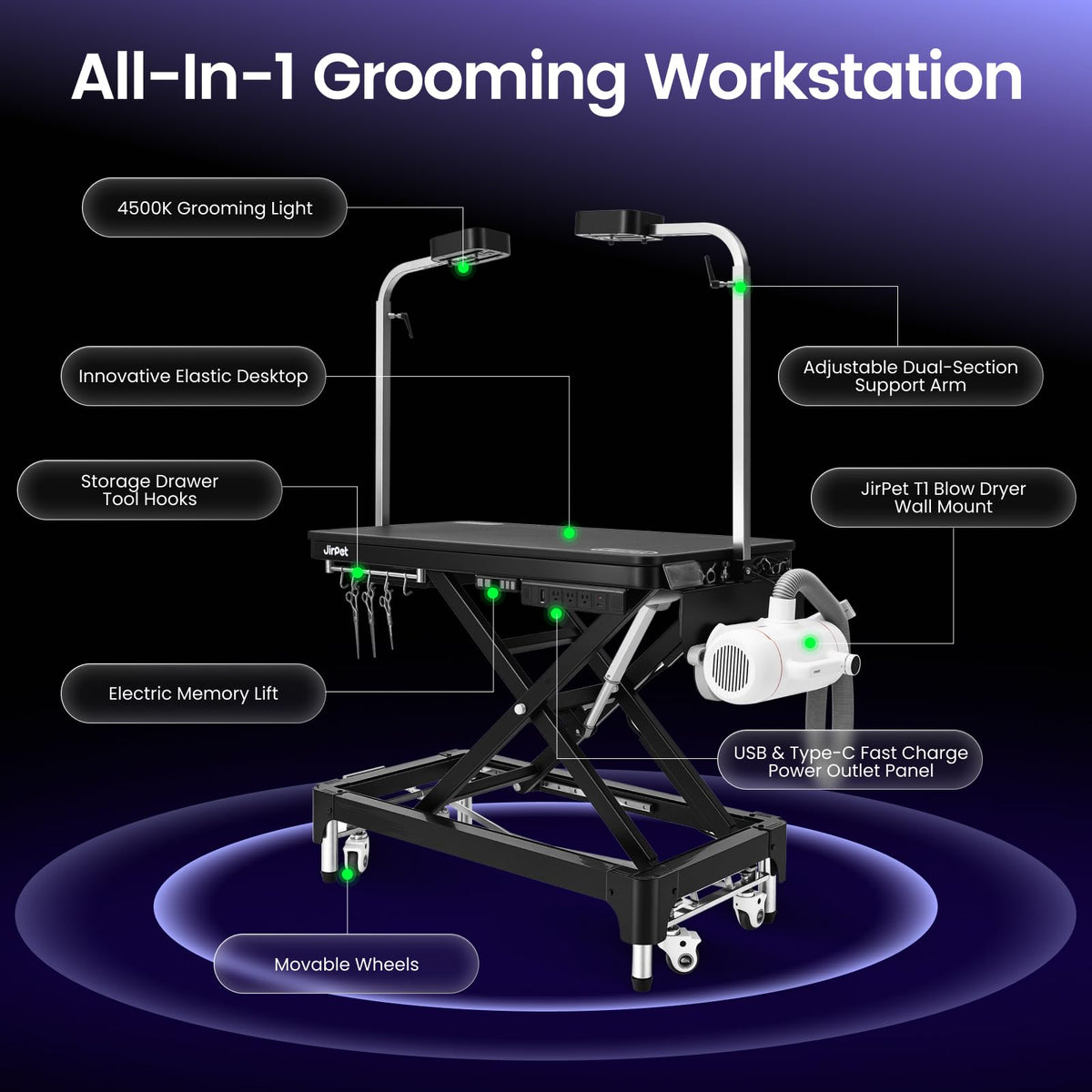 Electric Dog Grooming Table with Memory Function and Grooming Lights
