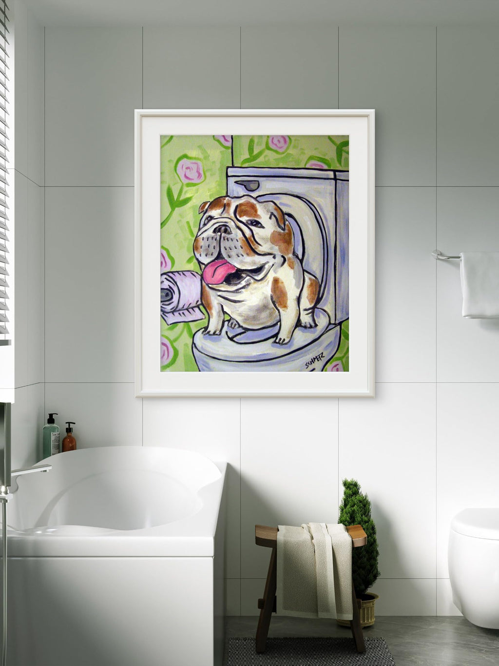 SCHMETZPETZ Funny Bulldog Wall Art - Dog Sitting on Toilet - Bathroom Decor - Available in Matte, Glossy or Stretched Canvas in Sizes 8x10 to 24x30