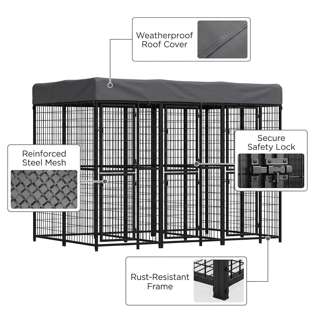 Outdoor Dog Kennel, 79.3 sq. ft. Heavy Duty Steel Pet Enclosure