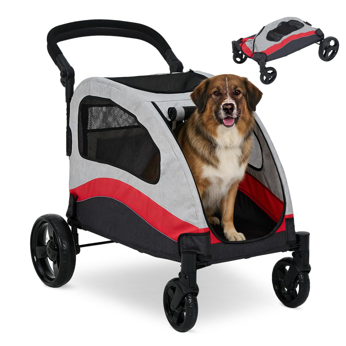 Extra Large Dog Stroller - Heavy Duty Steel Pipe Frame Pet Jogger with Shock Absorption Wheels, Safety Brakes, Adjustable & Removable Handle, Foldable Fold-and-Go Travel Carrier for Large Dogs