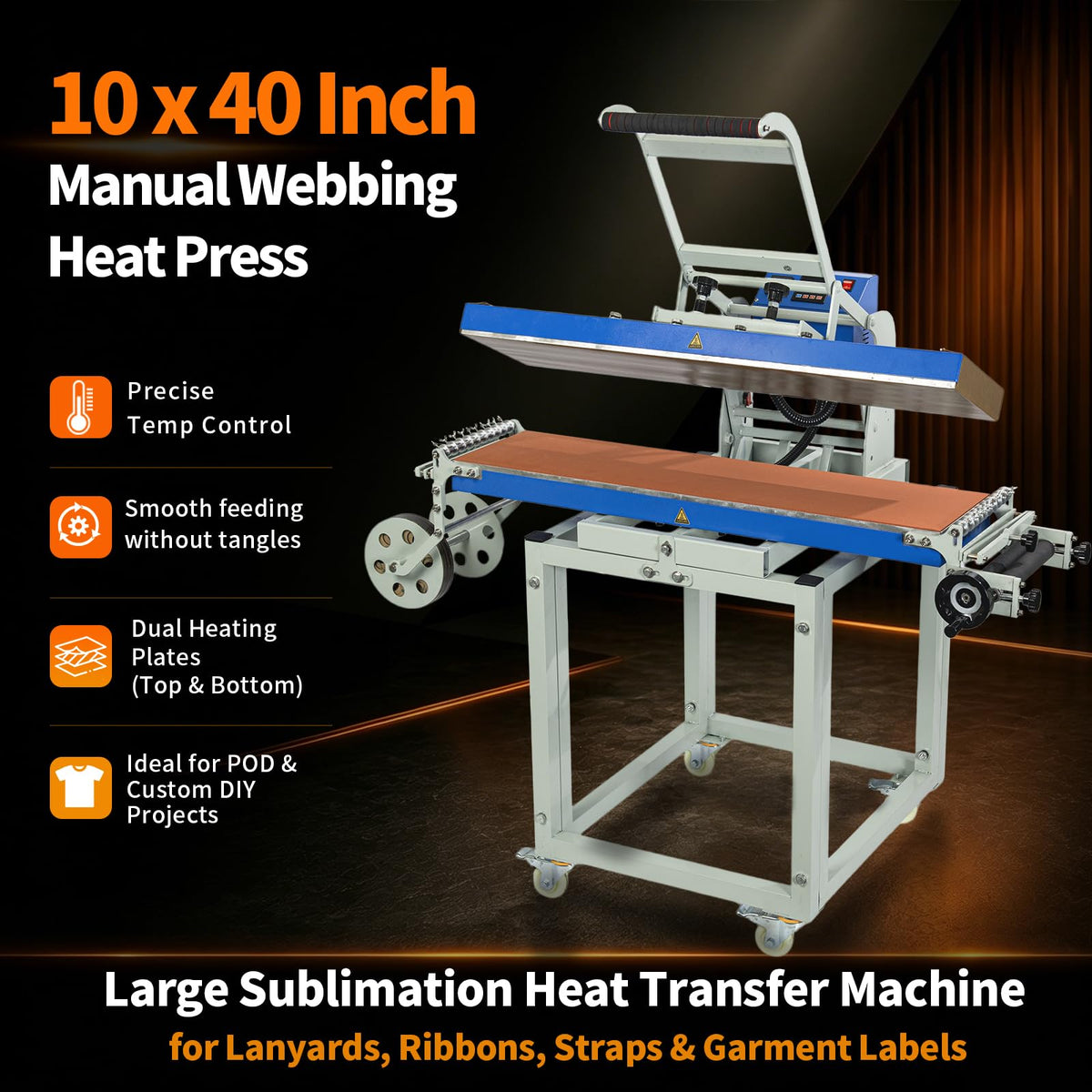 10x40 Inch Manual Lanyard Heat Press Machine, Dual-Side Printing Sublimation Transfer Press with 10 Feed Channels, Heavy-Duty Ribbon & Strap Printing Machine for Lanyards, Belts, Badges, Pet Collars