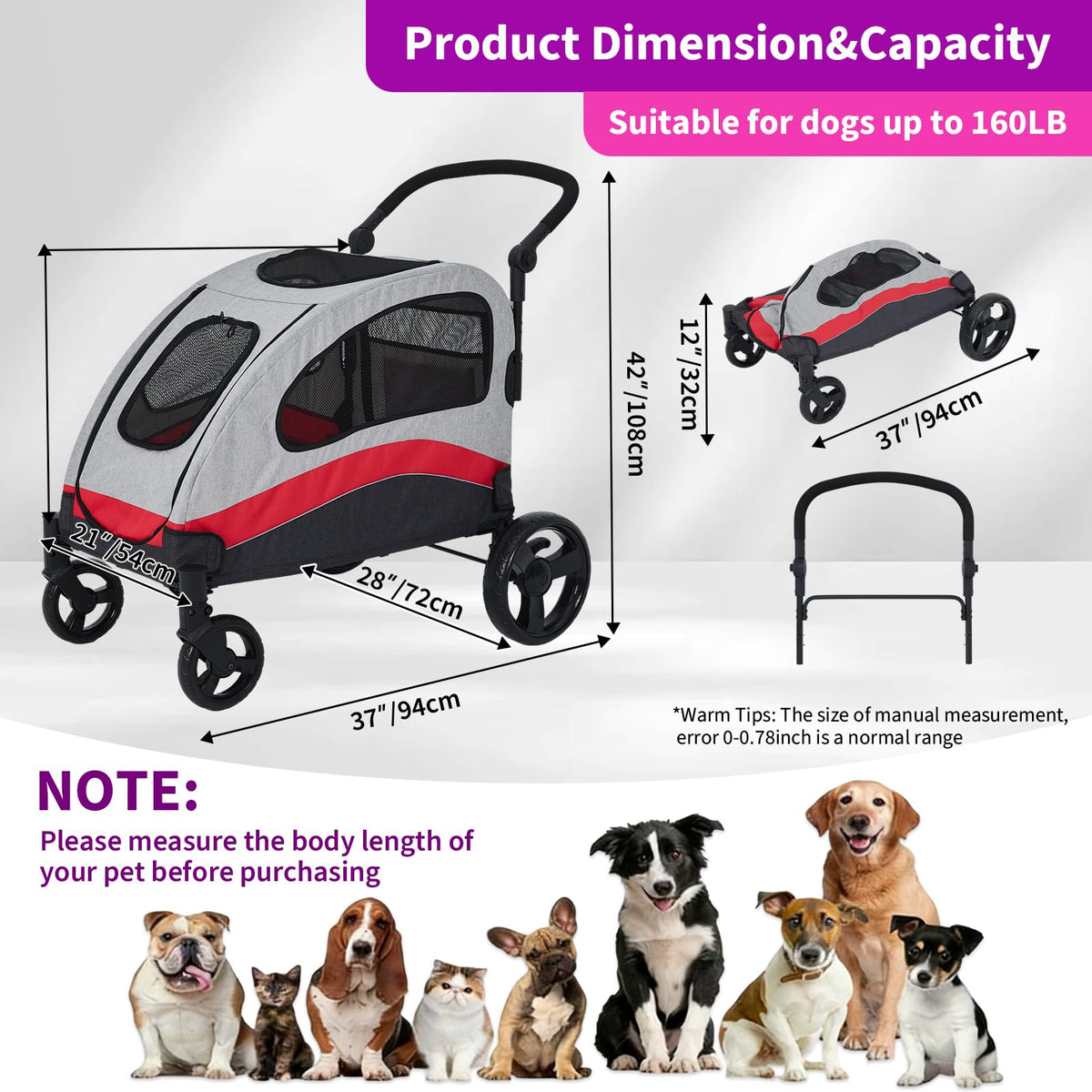 Extra Large Dog Stroller - Heavy Duty Steel Pipe Frame Pet Jogger with Shock Absorption Wheels, Safety Brakes, Adjustable & Removable Handle, Foldable Fold-and-Go Travel Carrier for Large Dogs