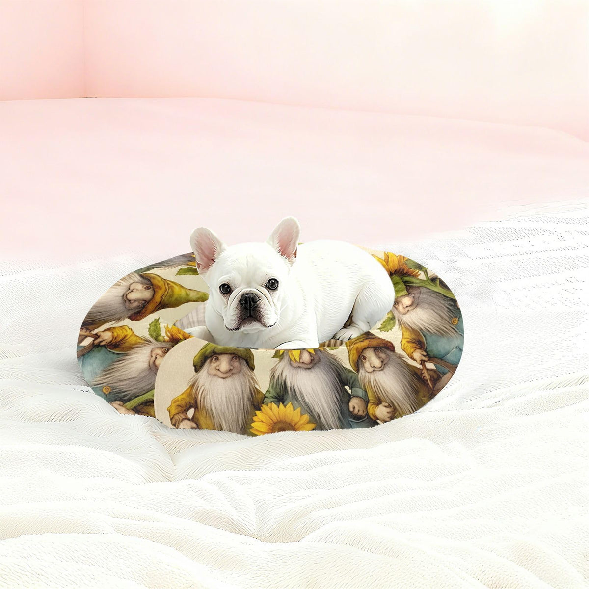 Donut Dog Bed for Small Dogs & Cats - Gnomes with Sunflowers Calming Anti-Anxiety Pet Bed with Non-Slip Base, Removable & Machine Washable, 22"