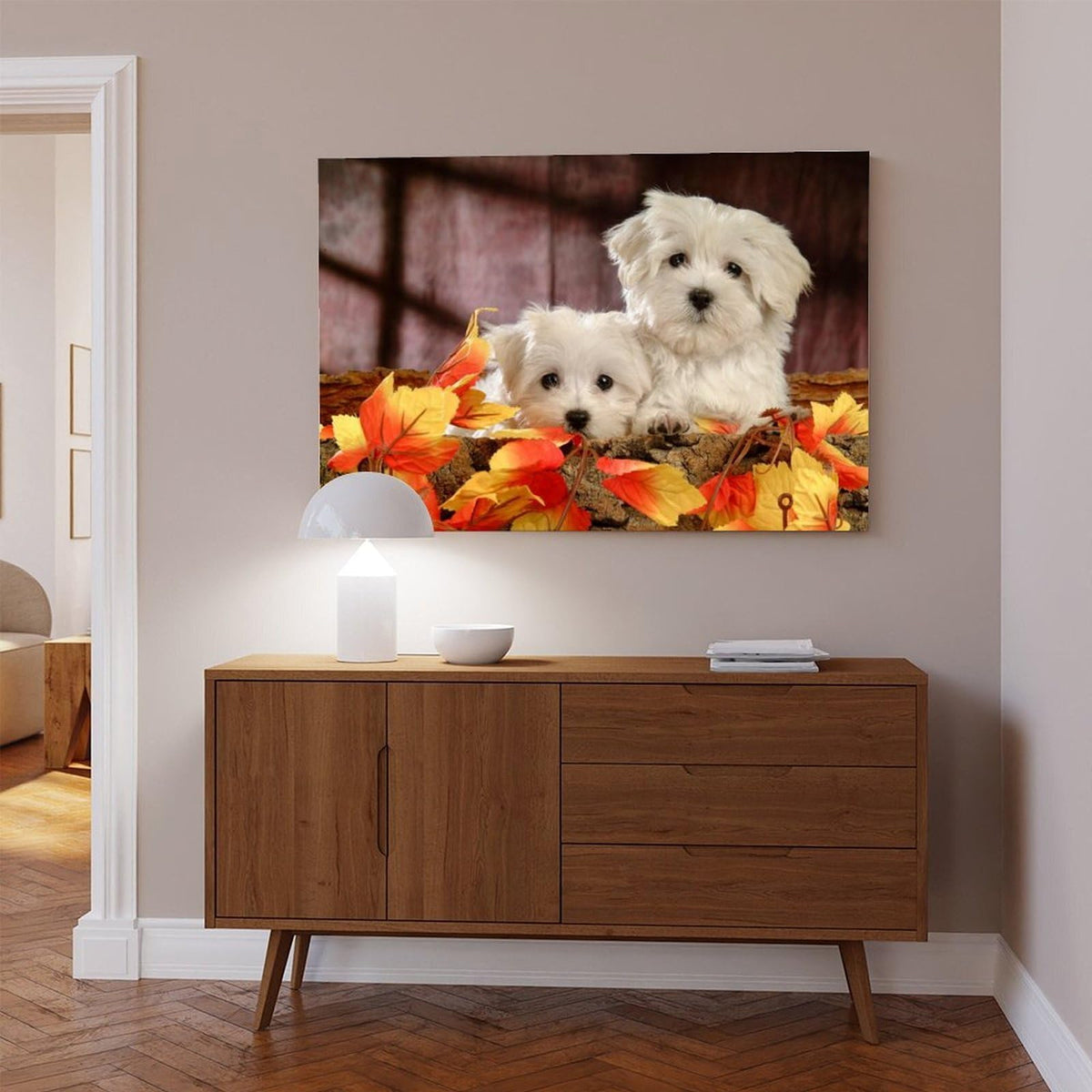 White Puppies with Autumn Leaves Canvas Wall Art, Framed