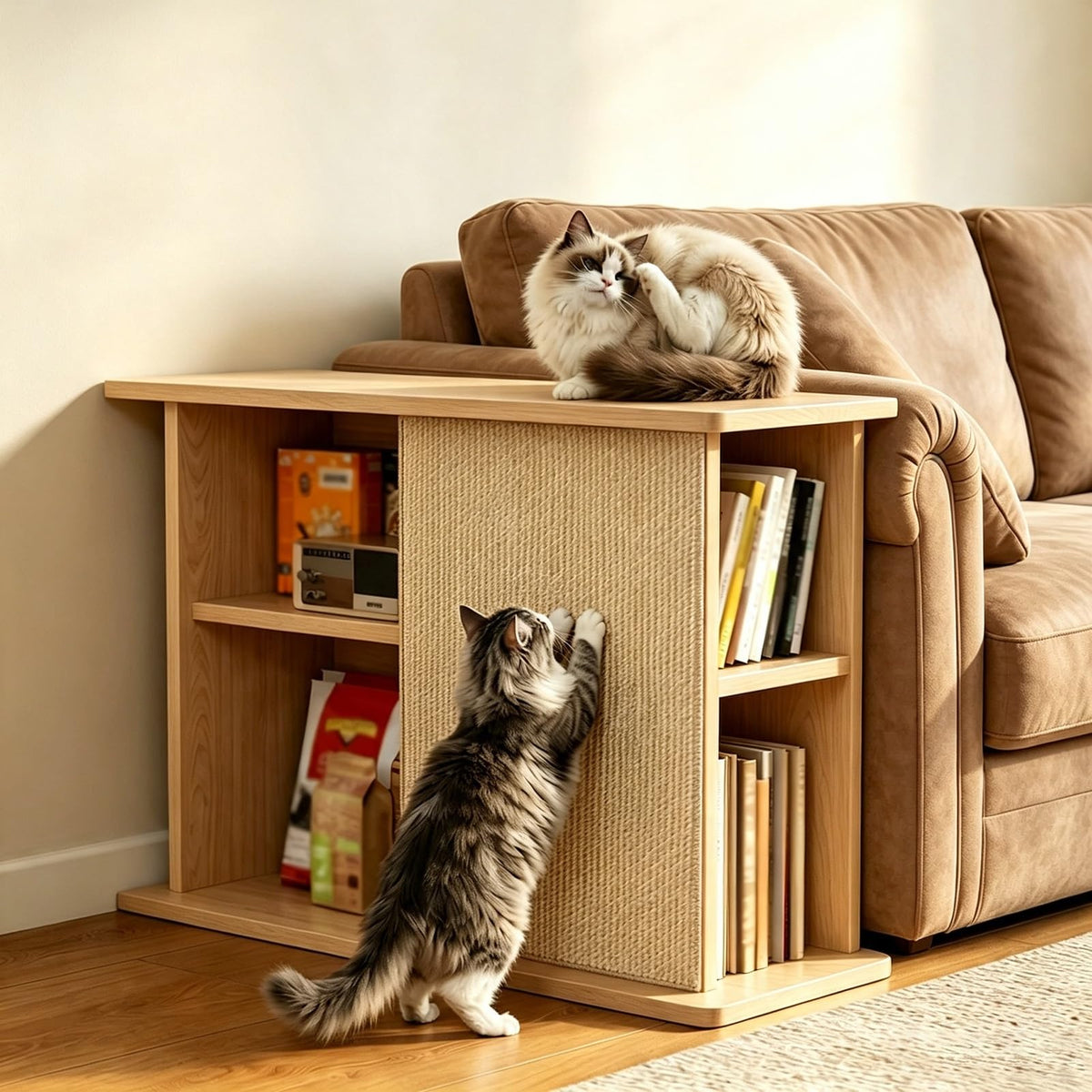 Space-Saving Cat Scratcher End Table with Open Shelving - Stylish Couch Corner Furniture for Cats, Durable Design, Multi-Functional Pet Accessory