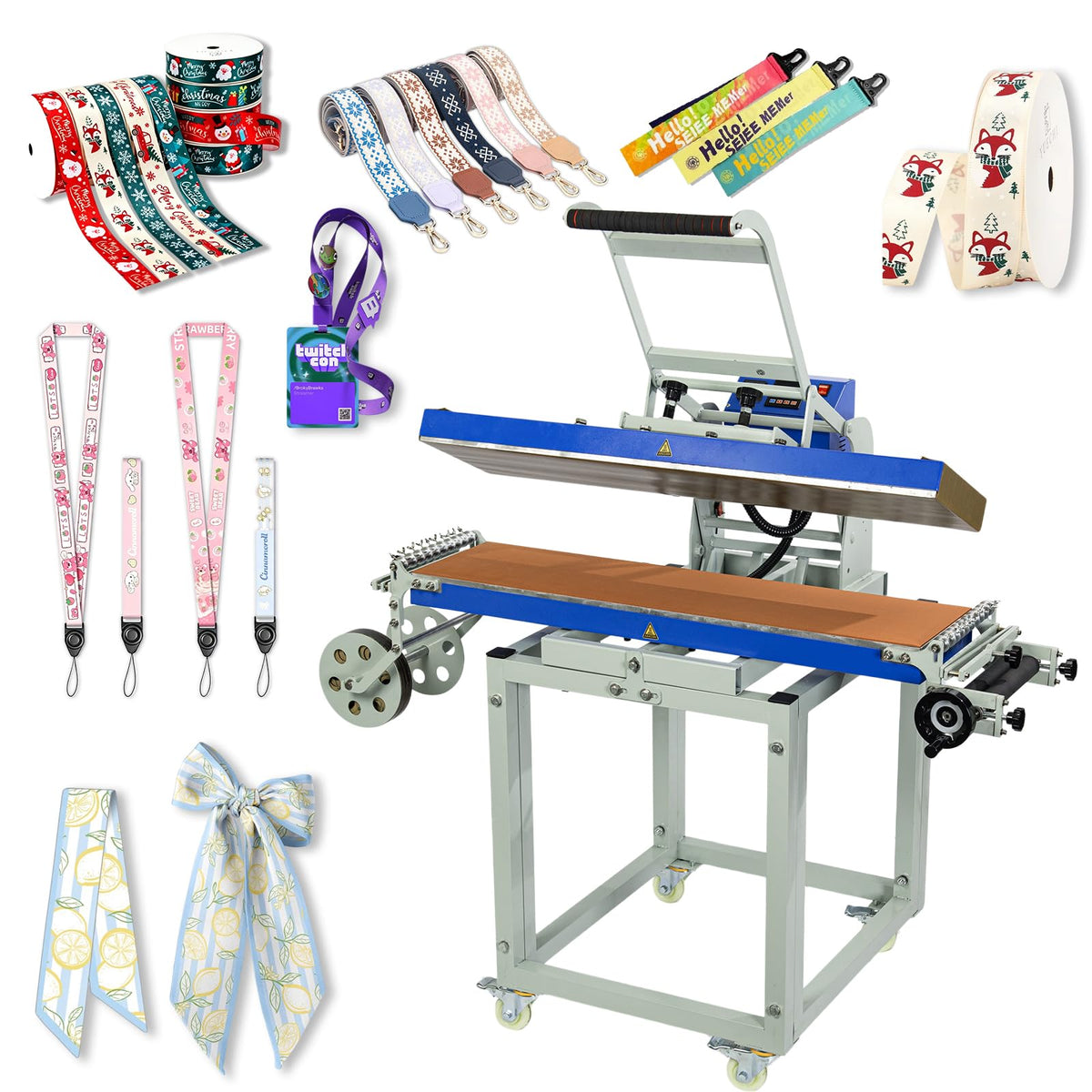 10x40 Inch Manual Lanyard Heat Press Machine, Dual-Side Printing Sublimation Transfer Press with 10 Feed Channels, Heavy-Duty Ribbon & Strap Printing Machine for Lanyards, Belts, Badges, Pet Collars