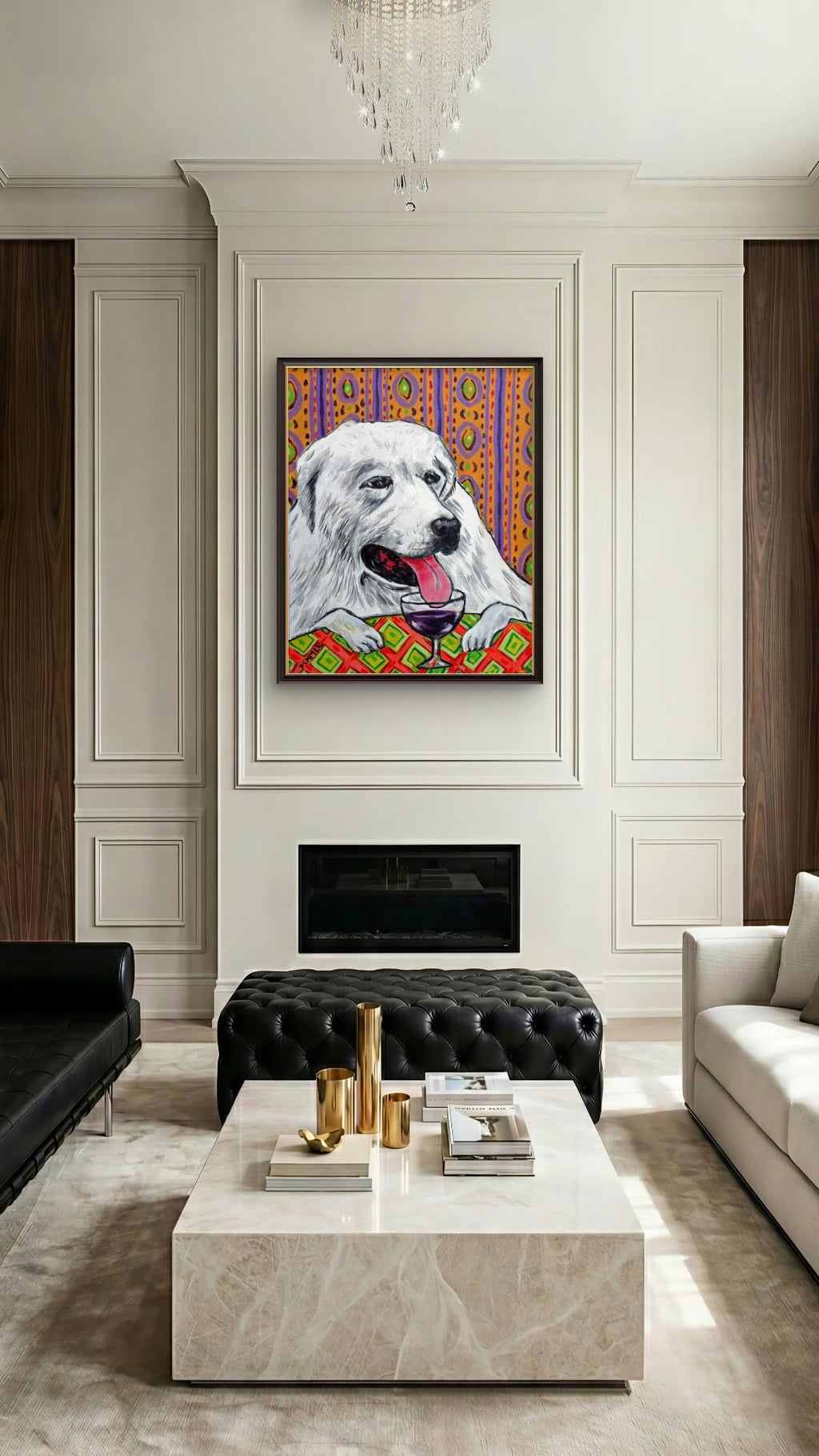 SCHMETZPETZ Great Pyrenees Wine Bar Art Print - Cute Dog Wall Decor - Available as Stretched Canvas in Sizes 8x10 to 24x36