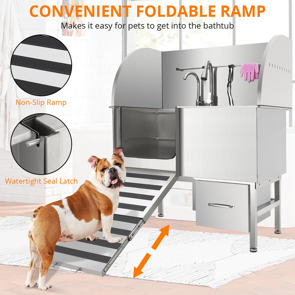 Dog Washing Station, 62” Dog Grooming Tub with Foldable Ramp, Pull-Out Faucet, Large Storage Drawer, Professional Stainless Steel Grooming Station for Large, Medium and Small Pets, Left Door