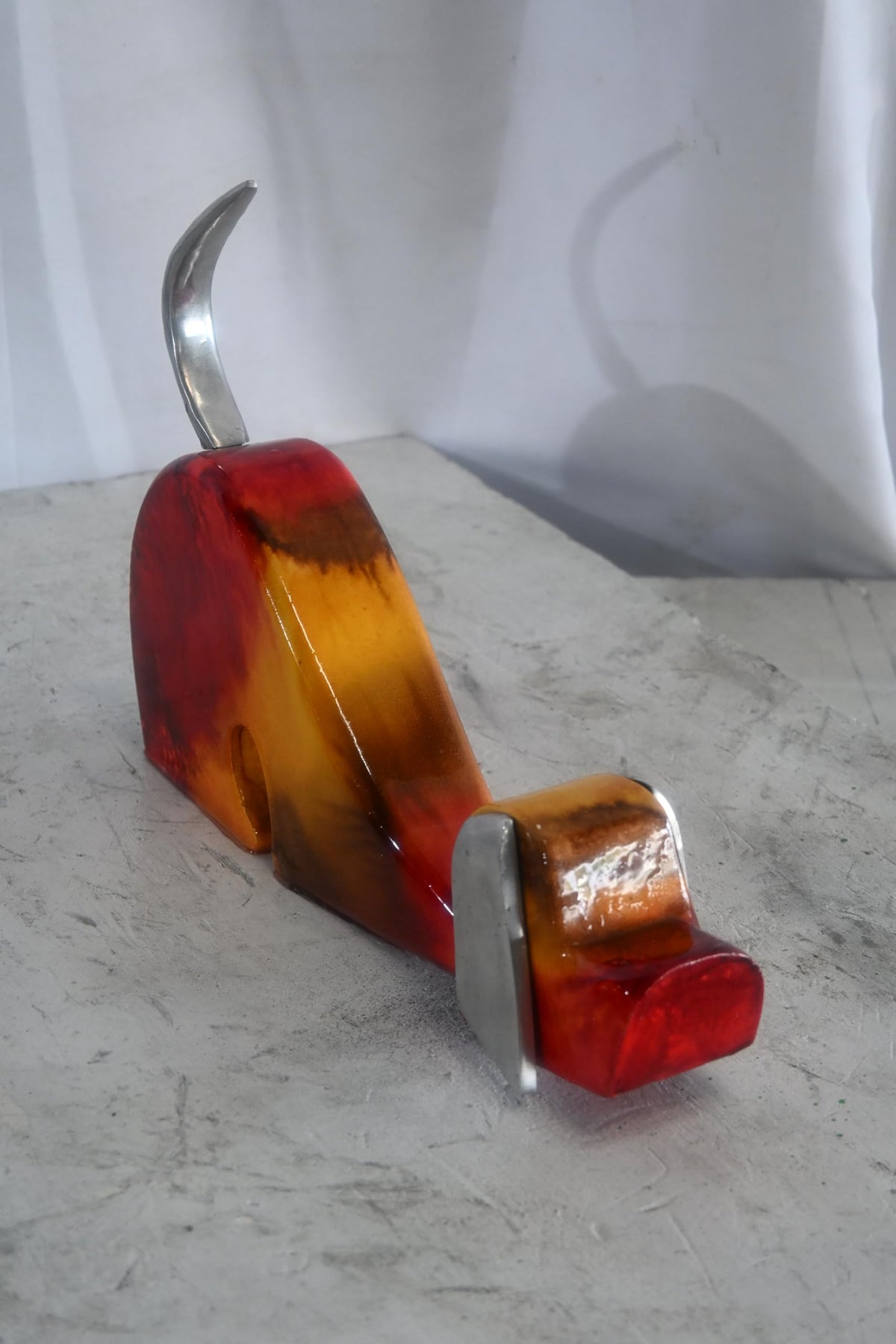 NIFAO Stretching Dog Sculpture Painted Wood with Aluminum Ears 2"x14"x10"H
