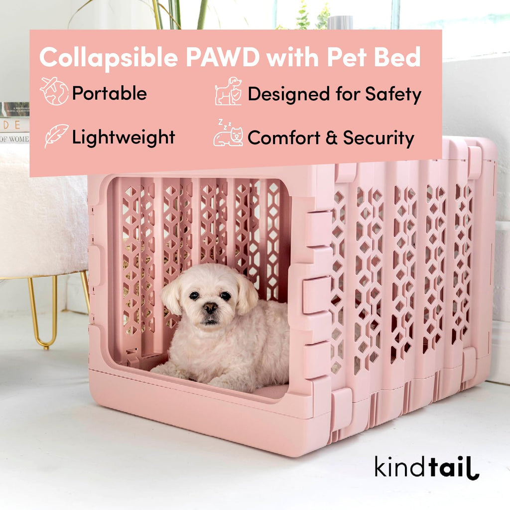 KindTail Dog Crate + Orthopedic Pet Bed + Crate Pad + Pet Bowls + Food Mat - Collapsible Pet Crate with Pad and Orthopedic Bed for Pets up to 25 Lbs - Includes (2) Bowls and a Silicone Mat - Medium