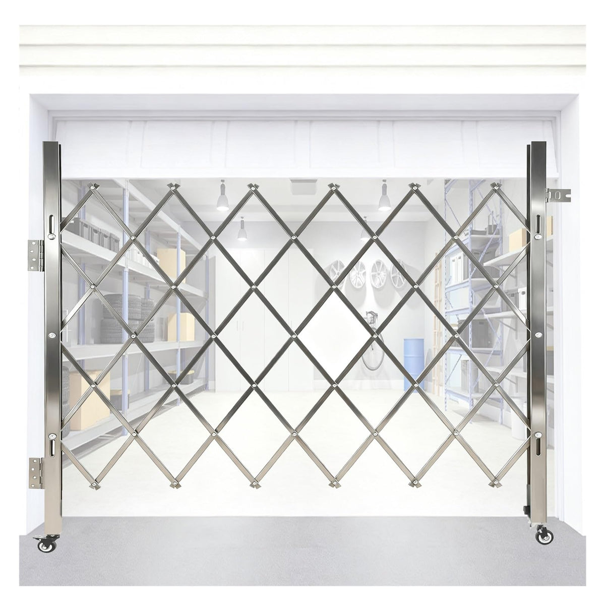 Mobile Folding Stainless Steel Safety Gate with Casters Accordion Scissor Design 1.8x2m (71x79in) Perfect for Home Safety Basements & Garages Portable Flexible Barrier for Kids & Pets