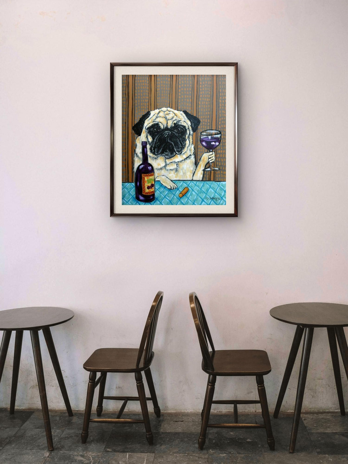 SCHMETZPETZ Pug Drinking Wine Wall Art - funny Cute Dog at the Wine Bar Decor - Unframed Matte/Glossy Print or Ready-to-Hang Stretched Canvas (8x10 to 24x30 Inches)