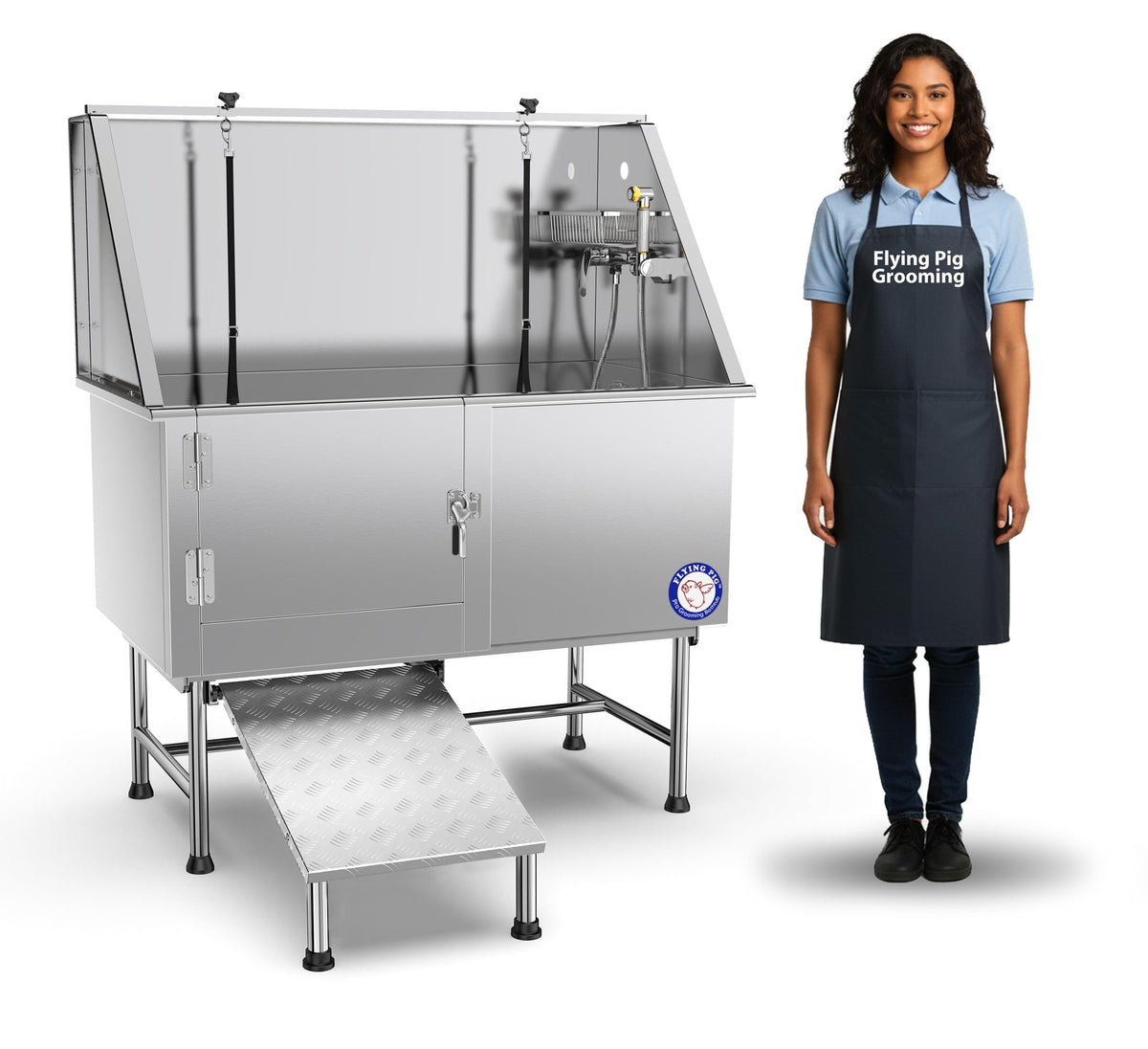 Flying Pig 50" Stainless Steel Pet Dog Grooming Bath Tub with Walk-in Ramp & Accessories (Left Door/Right Drain)