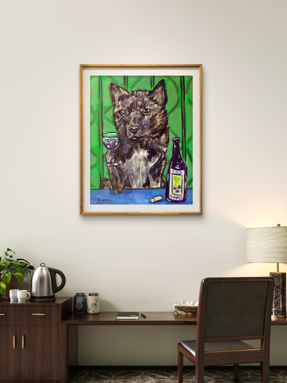 SCHMETZPETZ Akita Wall Art – Stretched Canvas Print of Akita at the Wine Bar – Funny Dog Lover Gift, Kitchen & Home Bar Decor – Ready to Hang – Available in Sizes 8x10 to 24x35