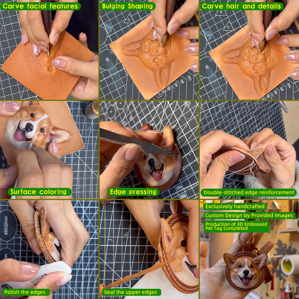 Handmade Stereo Relief Pet Portrait Leather Carving Pendant (Double Pets)