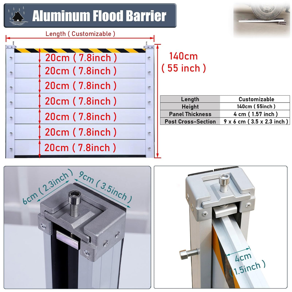 Detachable Anti Flood Gate 4.5ft High, Flood Control Barrier 21' 20' 19' 18' 17' 16' 15' 14' 13' 12' 11' 10' 9' 8' 7' 6' 5' 4', Flood Protection Baffle(Silver-L-9.8ft/117.6"/298.7cm)