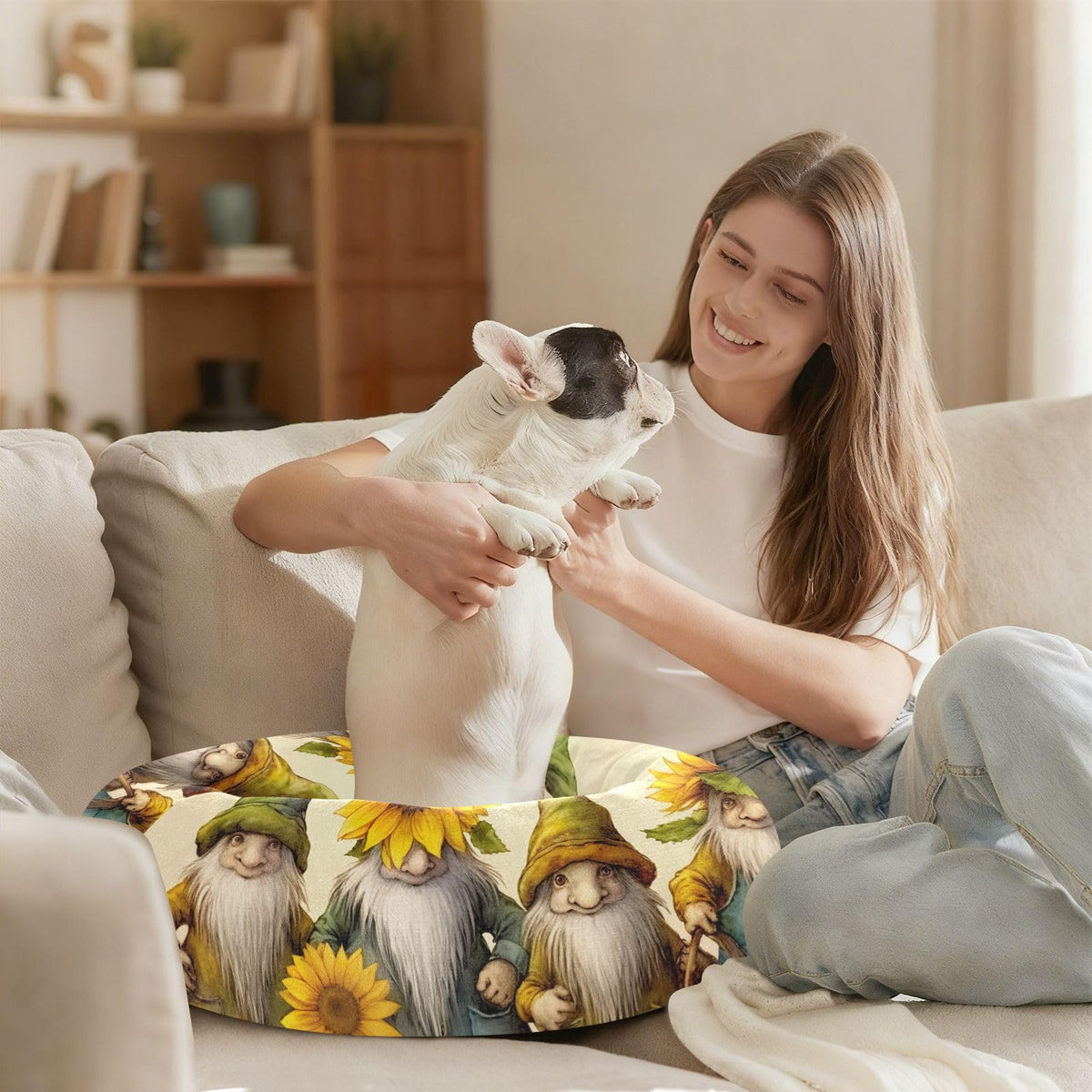 Donut Dog Bed for Small Dogs & Cats - Gnomes with Sunflowers Calming Anti-Anxiety Pet Bed with Non-Slip Base, Removable & Machine Washable, 22"