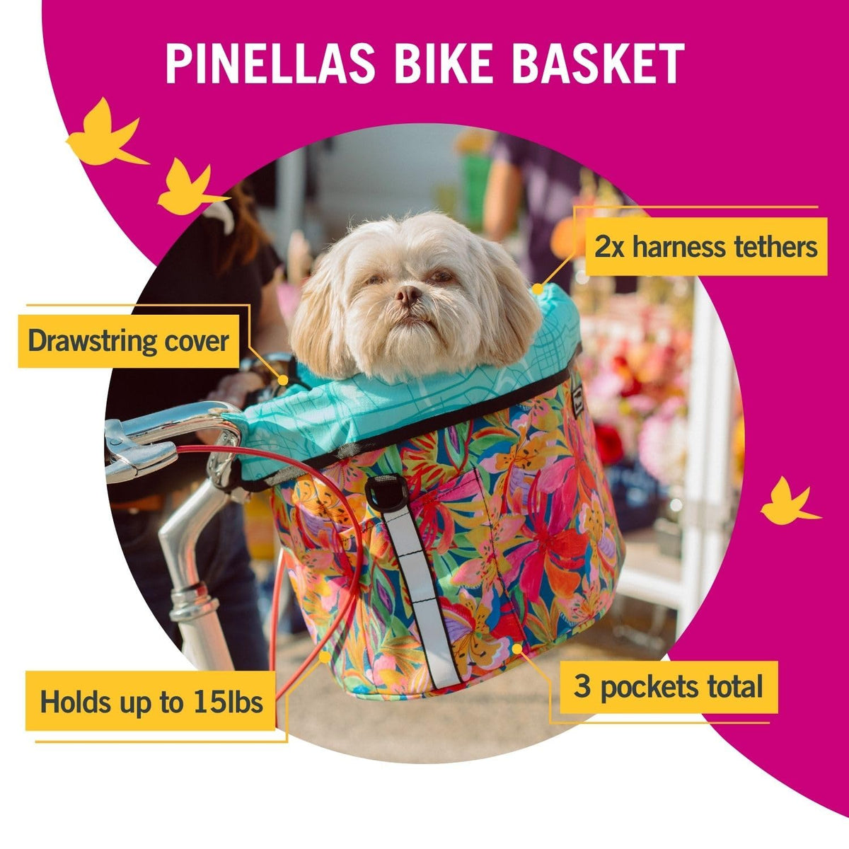 Po Campo Pinellas Bike Basket – Large Bicycle Basket for Pets or Storage – Sturdy Handlebar Bag for Cycling with Your Dog – Removable Shoulder Strap to Use as Tote