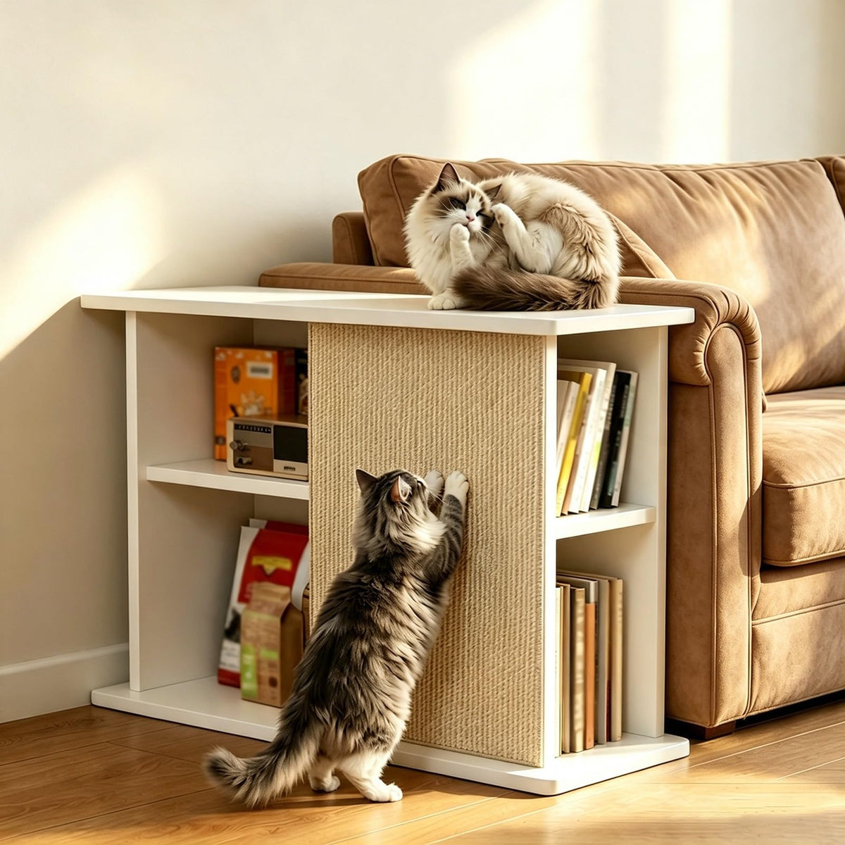 Space-Saving Cat Scratcher End Table with Open Shelving - Stylish Couch Corner Furniture for Cats, Durable Design, Multi-Functional Pet Accessory