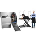 49" Professional Electric Dog Grooming Table, Black + 61" Professional Stainless Steel Dog Bathing Station, Right RAMP