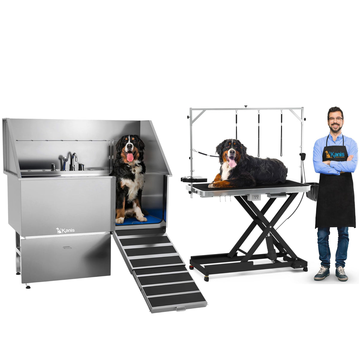 49" Professional Electric Dog Grooming Table, Black + 61" Professional Stainless Steel Dog Bathing Station, Right RAMP