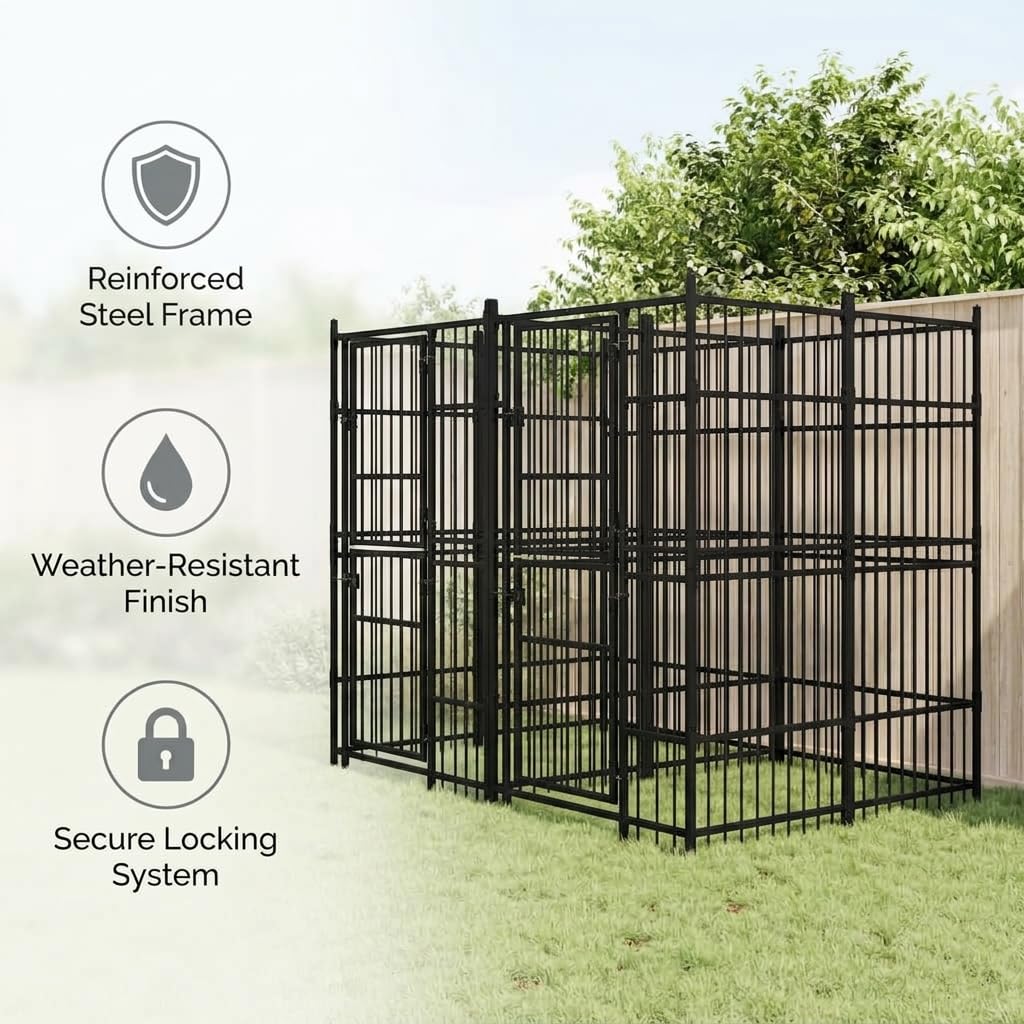 Outdoor Metal Dog Kennel with Roof, 59.5 ft² Pet Enclosure