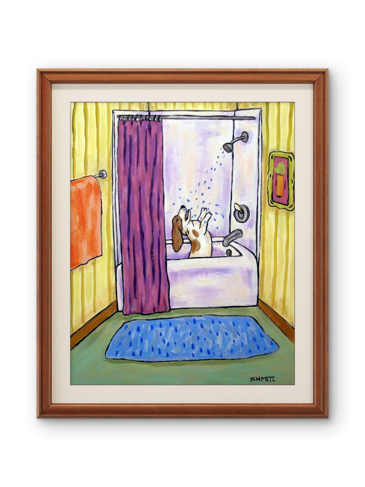 SCHMETZPETZ Basset Hound in Bathtub Wall Art | Cute Dog Taking a Shower Painting | Humorous Pet Bathroom Decor | Unframed Matte & Glossy Poster or Stretched Canvas