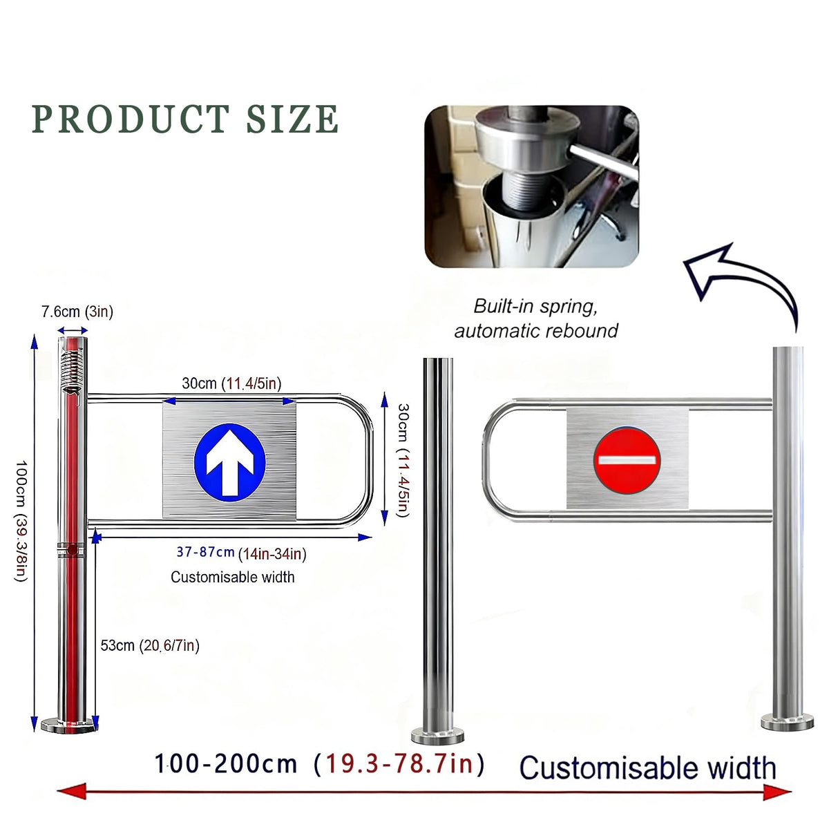 Single-Swing Entrance Door Manual Pedestrian Gate Stainless Steel Double Door Half-Height Metal Gate with Automatic Closure (190cm/75in) for Outdoor Access.