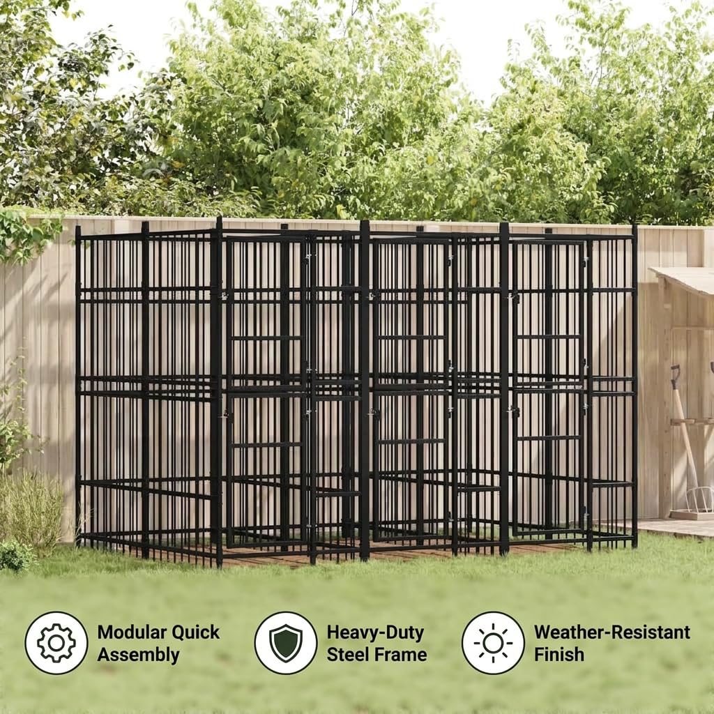 Outdoor Dog Kennel, 79.3 sq. ft. Heavy Duty Steel Pet Enclosure