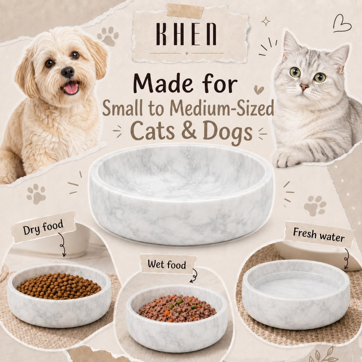 White Marble Dog Bowl Large Heavy Duty Non Slip Food Water Dish 6 Cups Gift