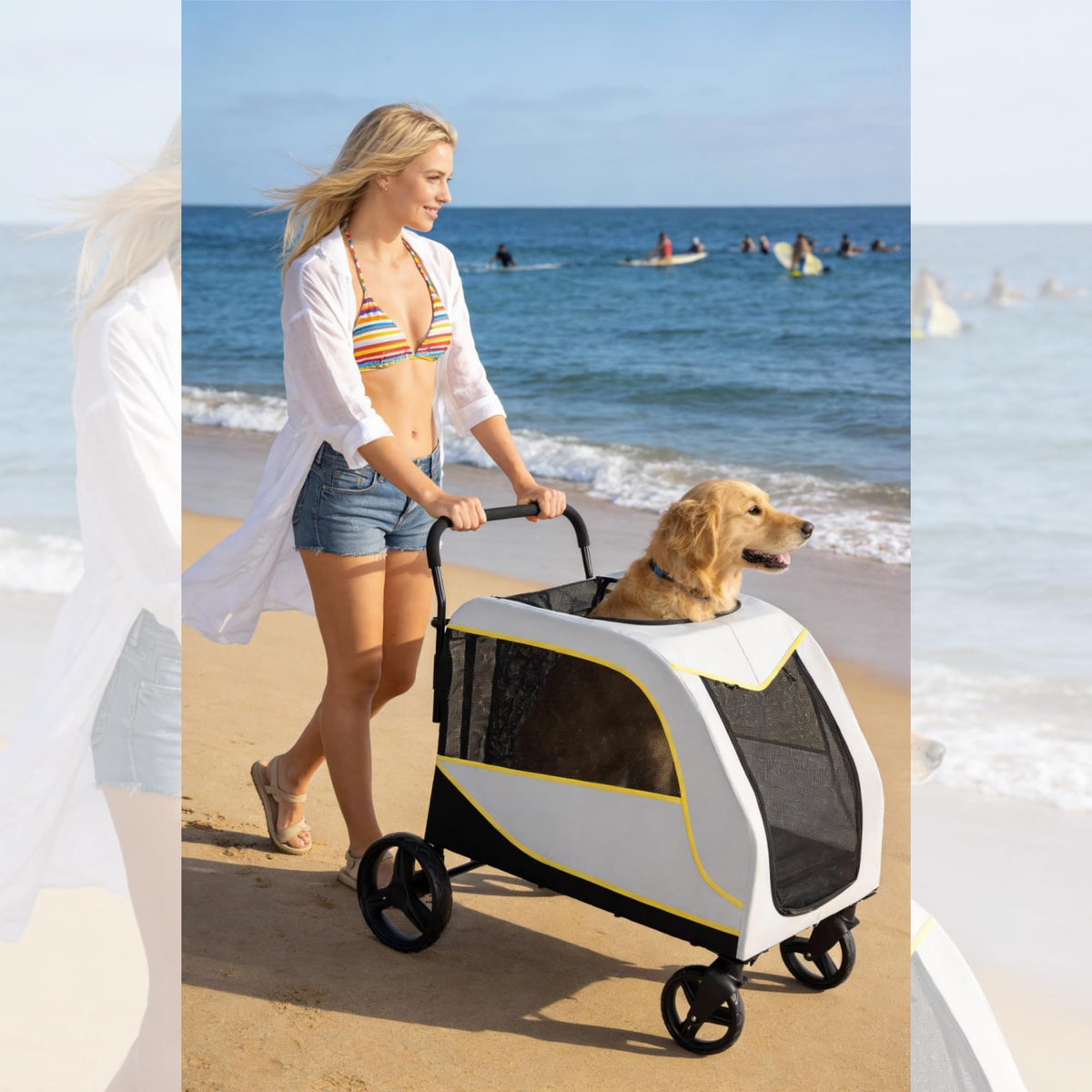 Heavy-Duty All-Terrain Dog Stroller for Large & Medium Pets up to 176 lbs – Dual Entry Wagon, One-Foot Brake, Breathable Mesh, Full Canopy, Easy-Fold, Storage Basket, Weather Cover,