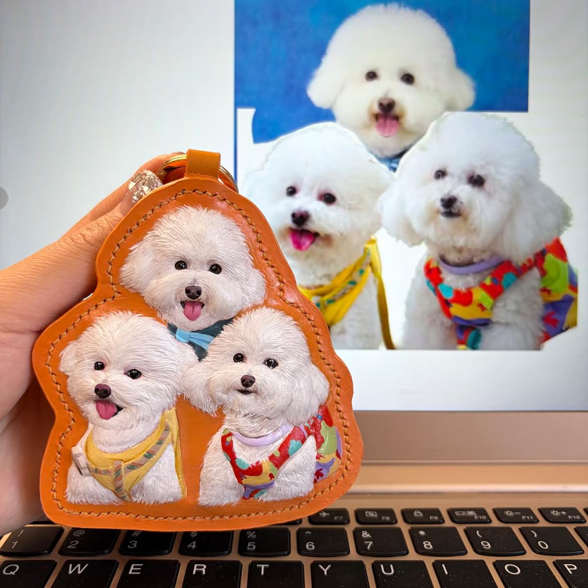 Handmade Stereo Relief Pet Portrait Leather Carving Pendant (Double Pets)