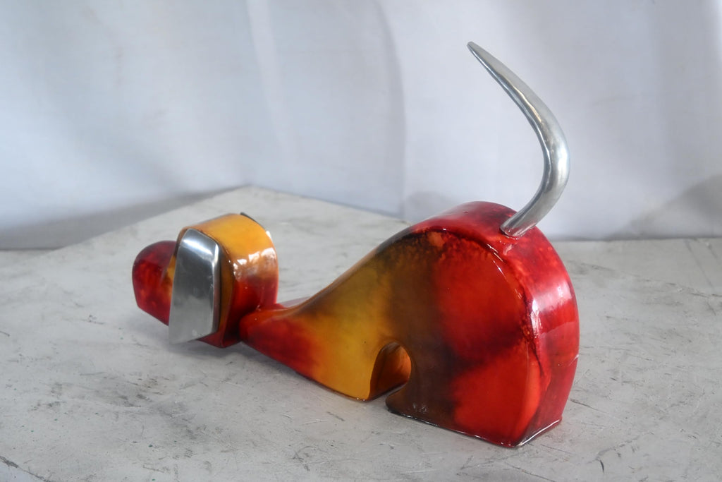 NIFAO Stretching Dog Sculpture Painted Wood with Aluminum Ears 2"x14"x10"H