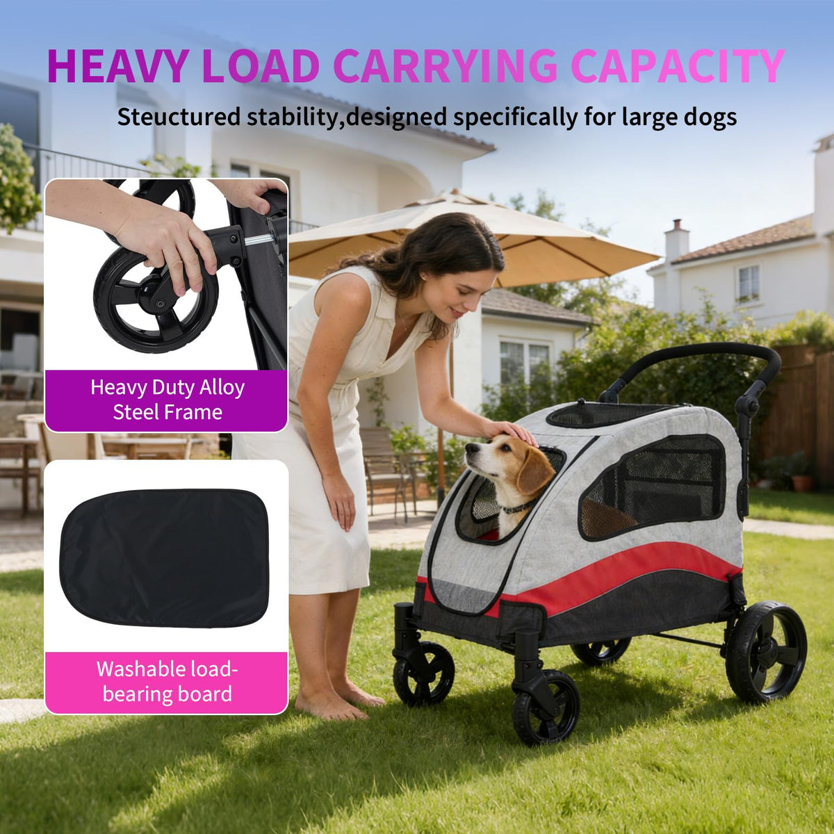 Extra Large Dog Stroller - Heavy Duty Steel Pipe Frame Pet Jogger with Shock Absorption Wheels, Safety Brakes, Adjustable & Removable Handle, Foldable Fold-and-Go Travel Carrier for Large Dogs