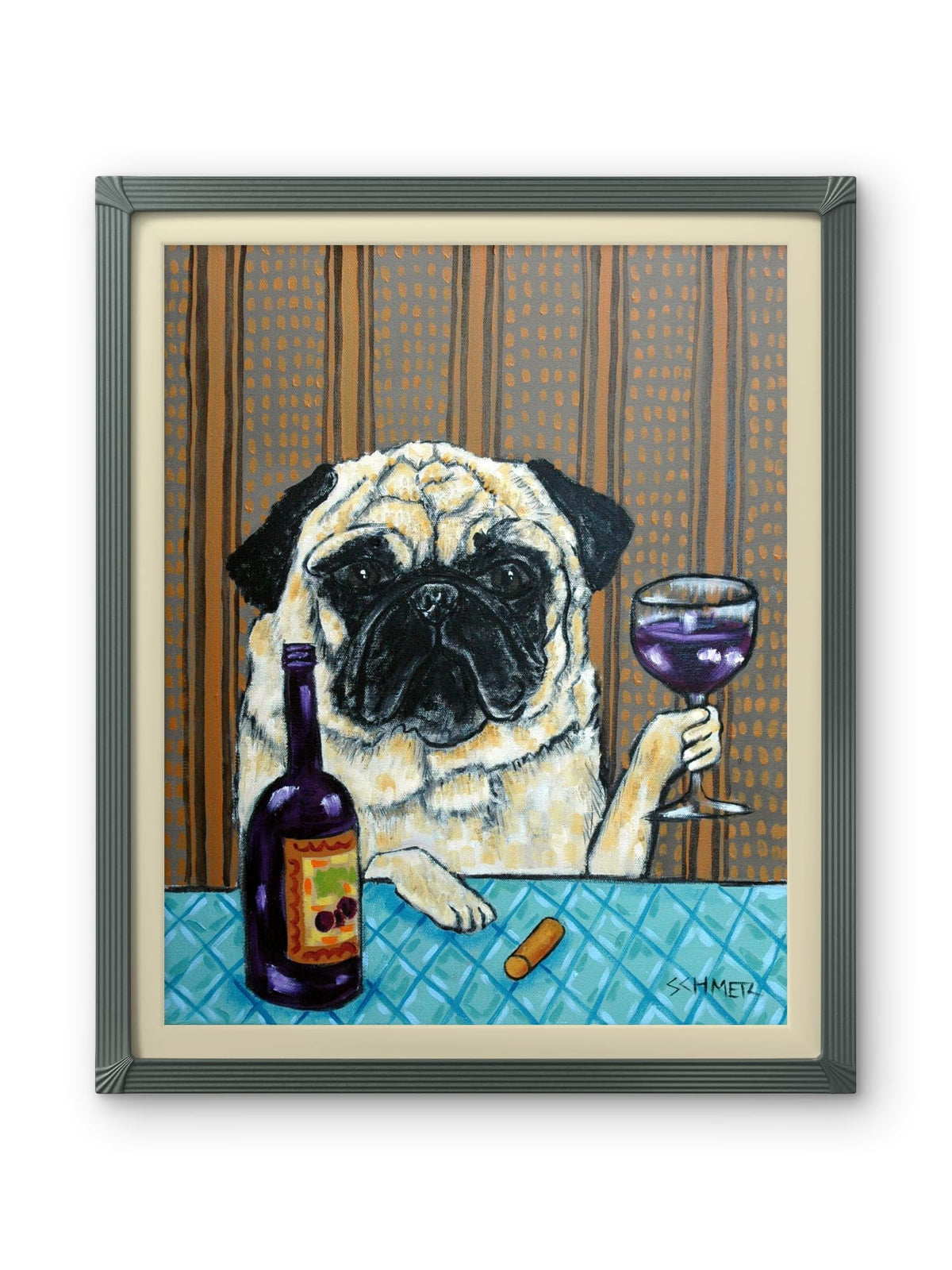 SCHMETZPETZ Pug Drinking Wine Wall Art - funny Cute Dog at the Wine Bar Decor - Unframed Matte/Glossy Print or Ready-to-Hang Stretched Canvas (8x10 to 24x30 Inches)
