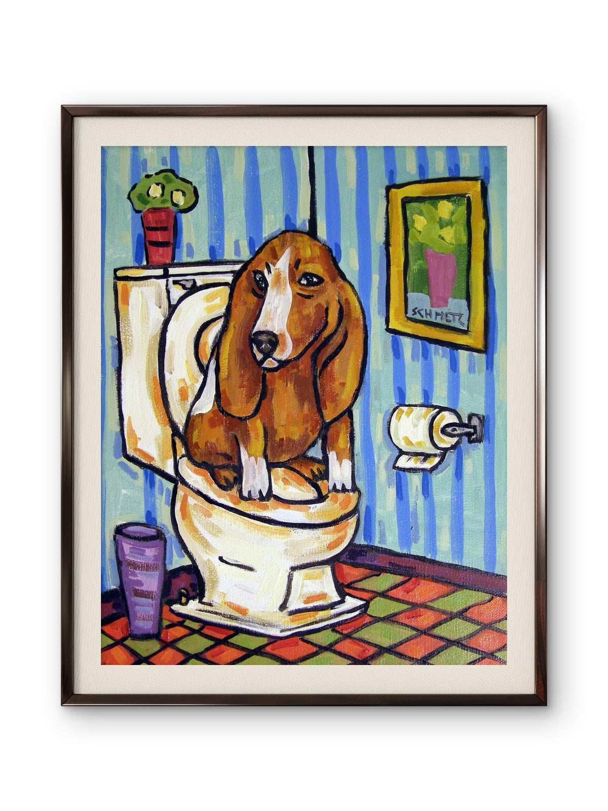 SCHMETZPETZ Funny Basset Hound Bathroom Wall Art - Cute Dog Sitting on Toilet Reading Newspaper - Whimsical Dog Lover Restroom Decor - Available in Matte, Glossy Photo, & Stretched Canvas