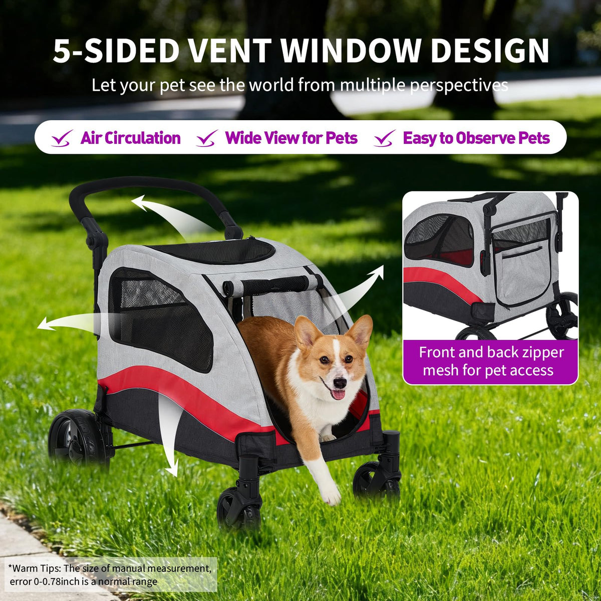 Extra Large Dog Stroller - Heavy Duty Steel Pipe Frame Pet Jogger with Shock Absorption Wheels, Safety Brakes, Adjustable & Removable Handle, Foldable Fold-and-Go Travel Carrier for Large Dogs