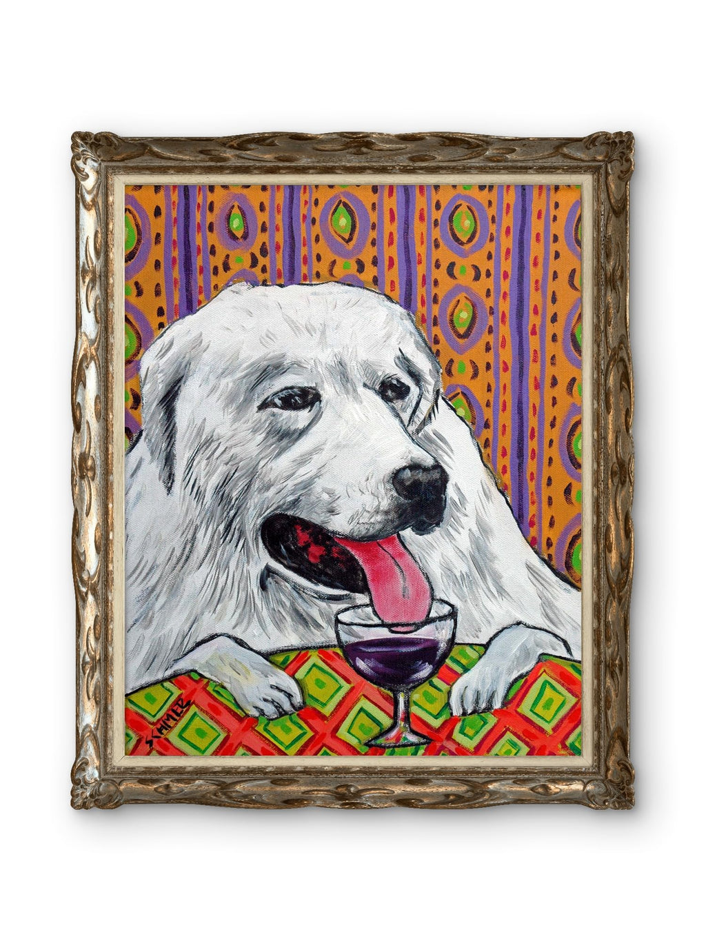 SCHMETZPETZ Great Pyrenees Wine Bar Art Print - Cute Dog Wall Decor - Available as Stretched Canvas in Sizes 8x10 to 24x36