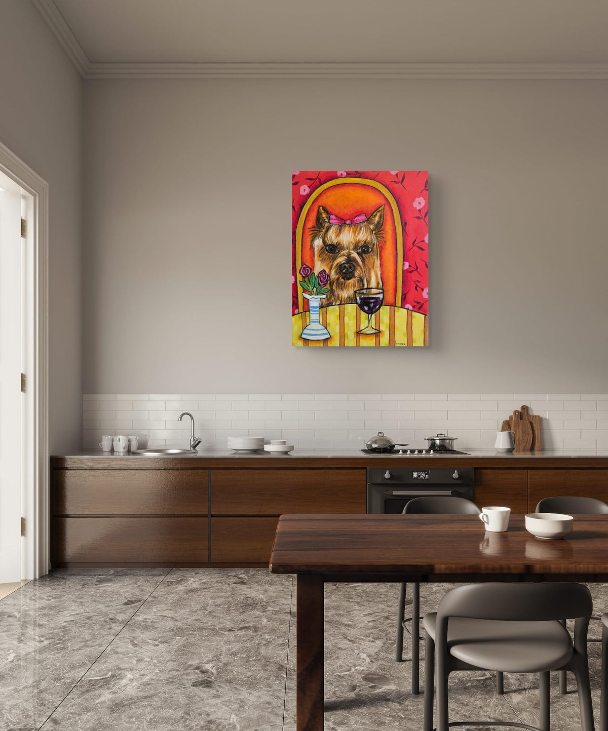 Yorkshire Terrier at Wine Bar Original Oil Painting, 12x16 Inch Dog Art Canvas, Home Decor Gift