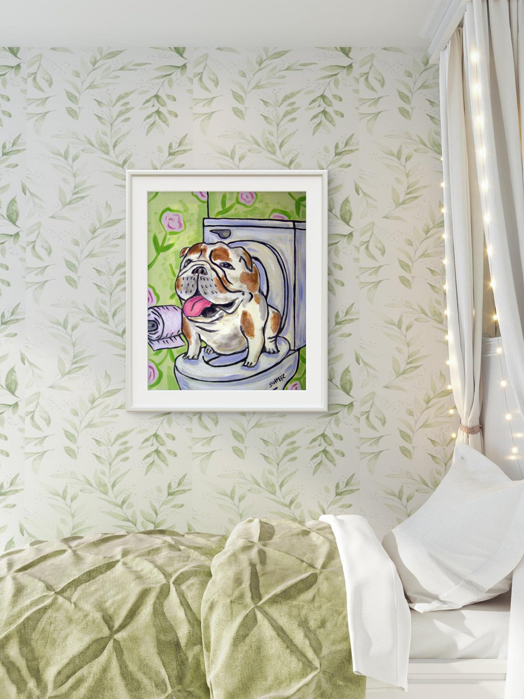 SCHMETZPETZ Funny Bulldog Wall Art - Dog Sitting on Toilet - Bathroom Decor - Available in Matte, Glossy or Stretched Canvas in Sizes 8x10 to 24x30