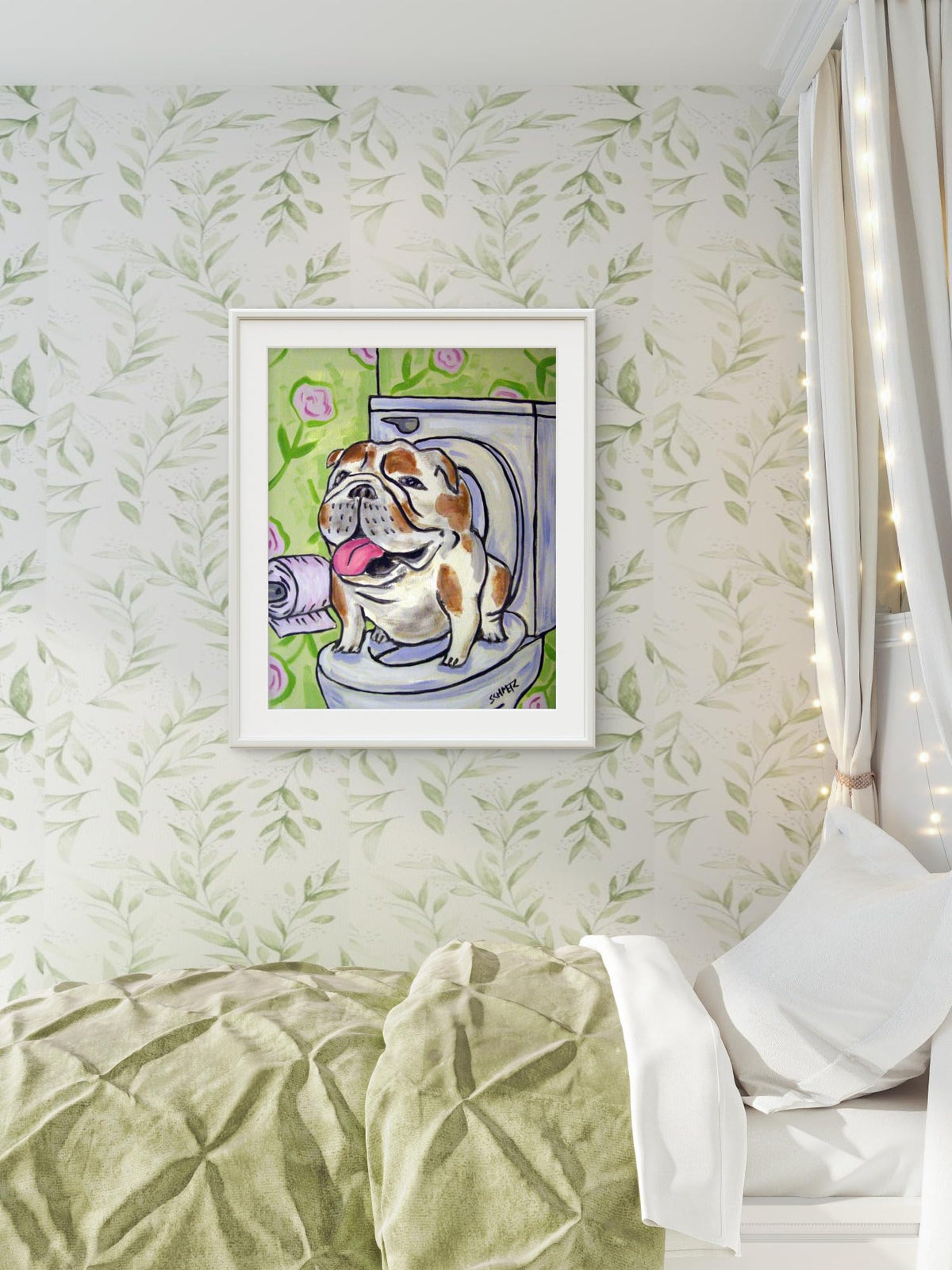 SCHMETZPETZ Funny Bulldog Wall Art - Dog Sitting on Toilet - Bathroom Decor - Available in Matte, Glossy or Stretched Canvas in Sizes 8x10 to 24x30