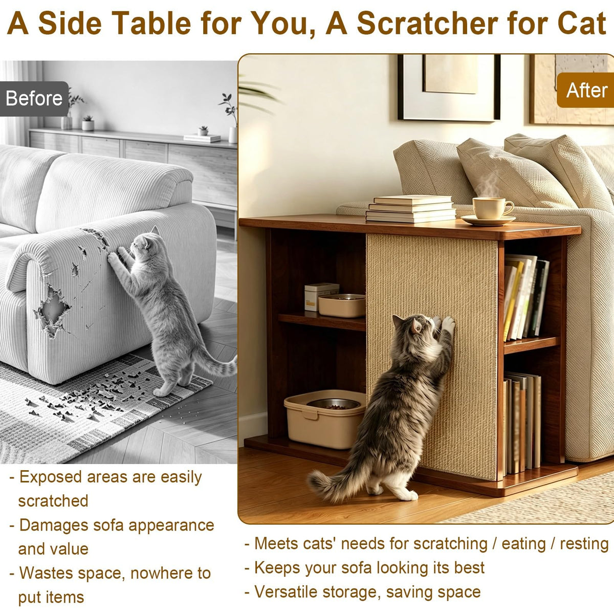 Space-Saving Cat Scratcher End Table with Open Shelving - Stylish Couch Corner Furniture for Cats, Durable Design, Multi-Functional Pet Accessory