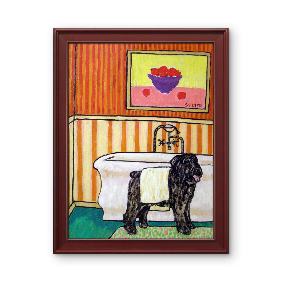 SCHMETZPETZ Bouvier des Flandres Wall Art - Funny Dog Drying Off in the Bathroom - Stretched Canvas or Matte & Glossy Photo Print - Bathroom Wall Decor for Dog Lovers