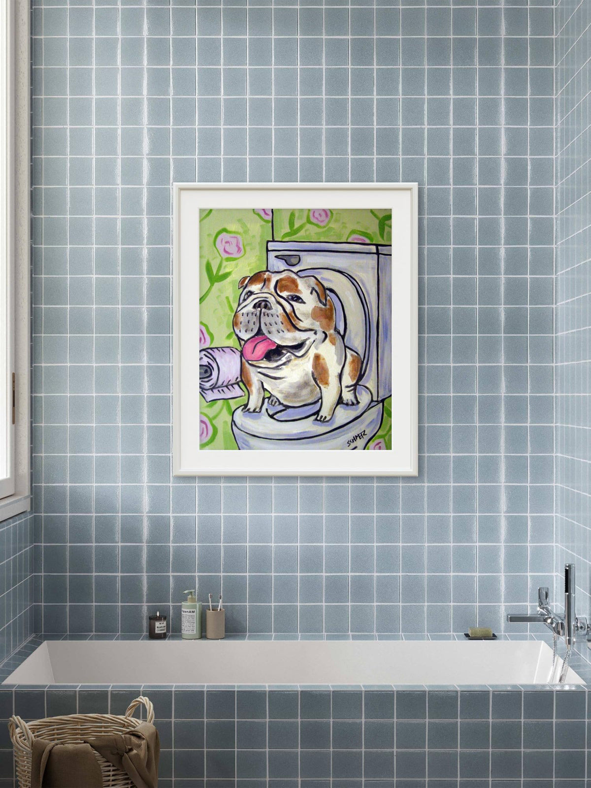 SCHMETZPETZ Funny Bulldog Wall Art - Dog Sitting on Toilet - Bathroom Decor - Available in Matte, Glossy or Stretched Canvas in Sizes 8x10 to 24x30