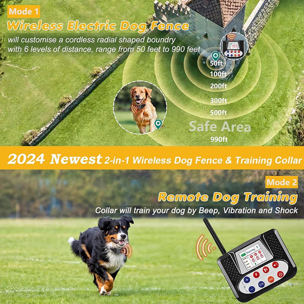 2in1 Wireless Dog Fence, Electric Dog Fence System with Remote Shock Training Collar, Adjustable Warning Strength & Range Sizes, Waterproof Rechargeable Receiver, Dog Boundary Container,for4dogs