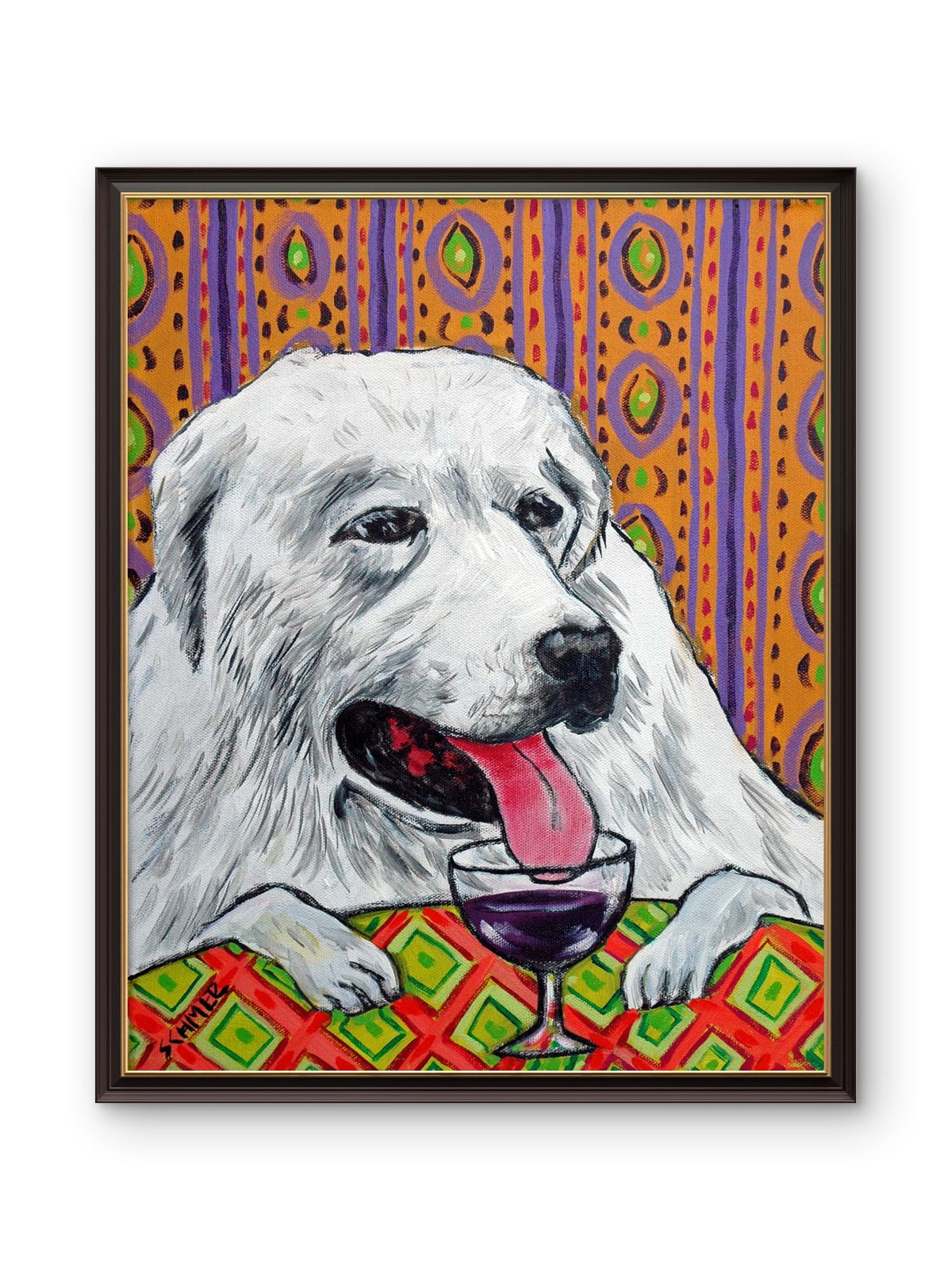 SCHMETZPETZ Great Pyrenees Wine Bar Art Print - Cute Dog Wall Decor - Available as Stretched Canvas in Sizes 8x10 to 24x38