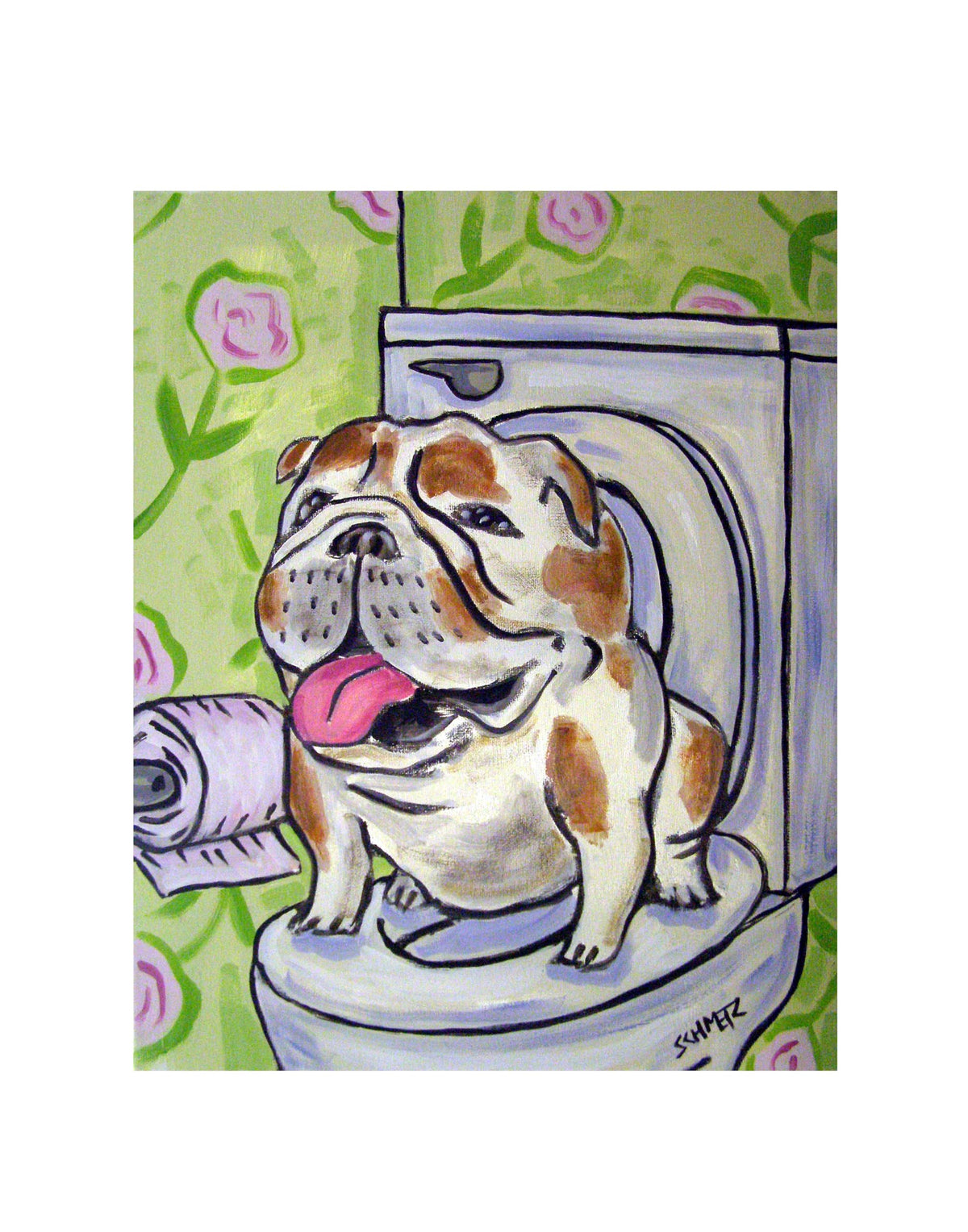 SCHMETZPETZ Funny Bulldog Wall Art - Dog Sitting on Toilet - Bathroom Decor - Available in Matte, Glossy or Stretched Canvas in Sizes 8x10 to 24x30